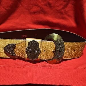 Vintage  Tan Leather Belt with Decorative Buckle